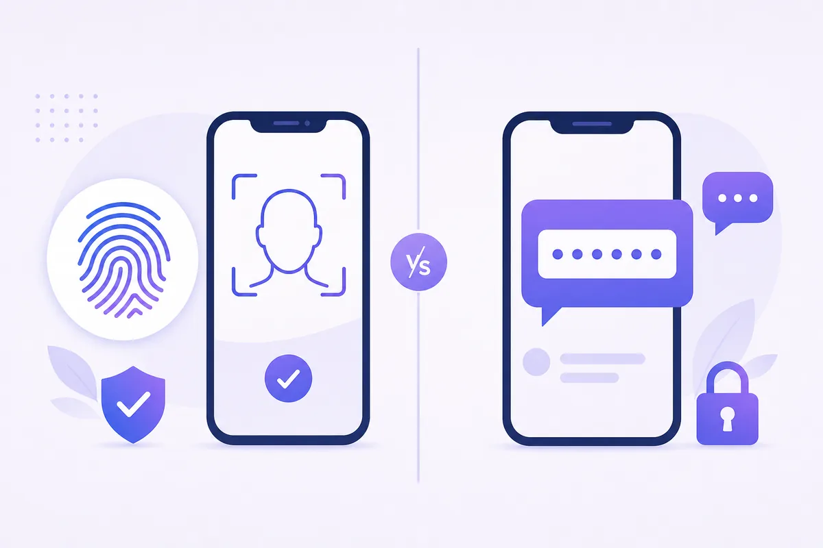 Fingerprint and face-scan biometrics beside an SMS code prompt