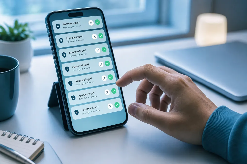 A phone flooded with repeated push-approval prompts in an MFA fatigue attack