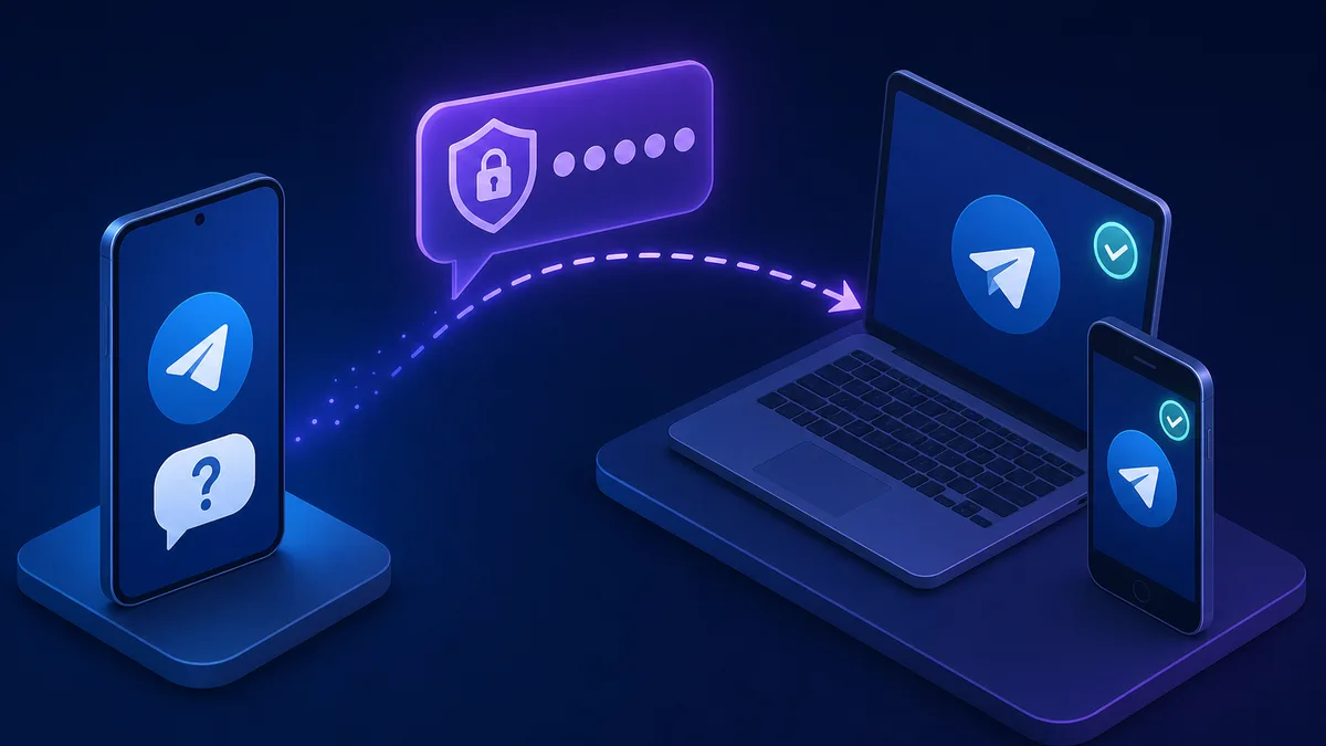 Telegram 把登录验证码发送到已登录的笔记本与旧手机，新手机收不到的示意图